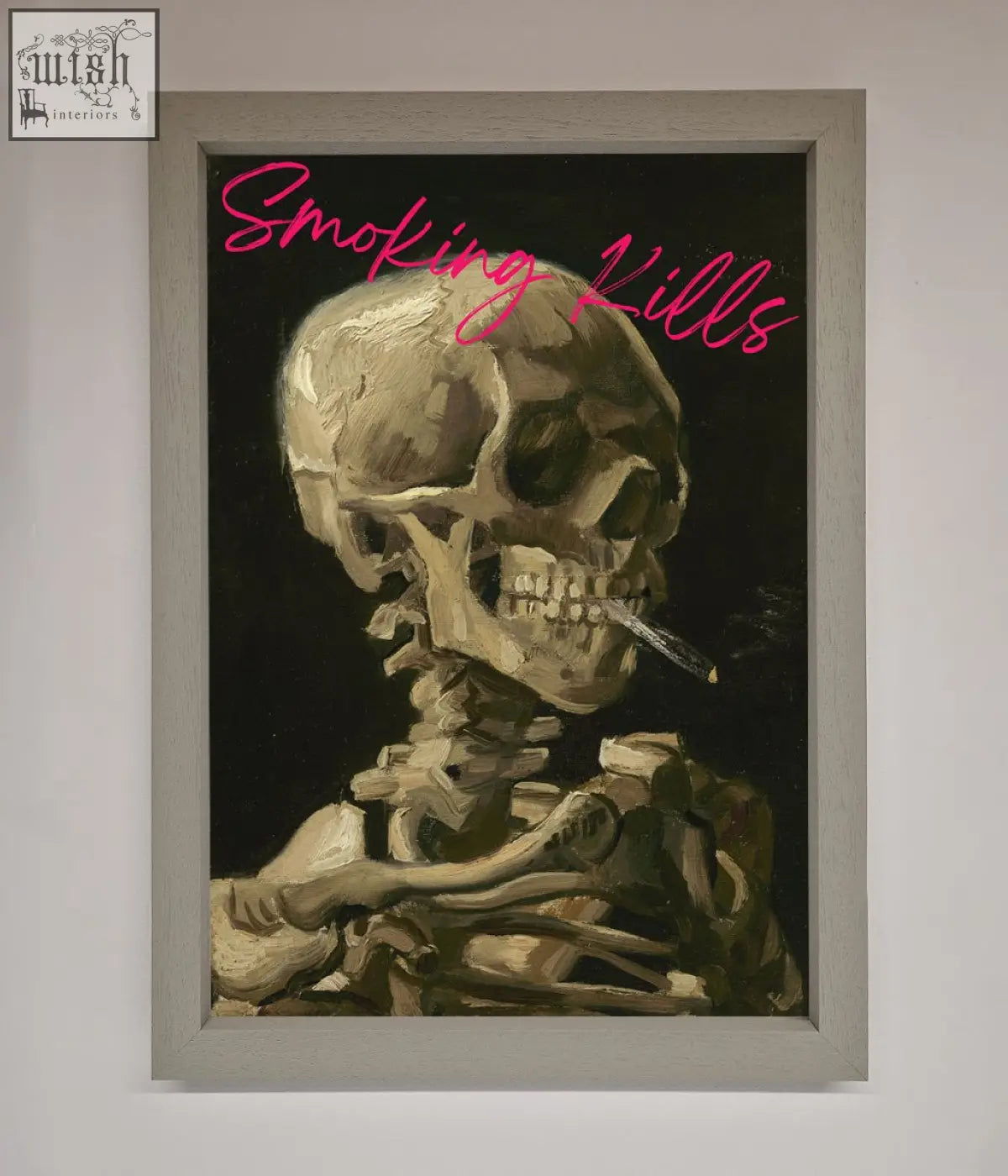 Smoking kills framed wall art featuring a skeleton smoking in earthy tones with bold pink text for home decor