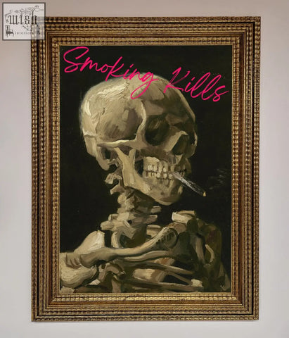 A smoking kills framed wall art featuring a skeleton smoking in muted earth tones with bold pink kills text