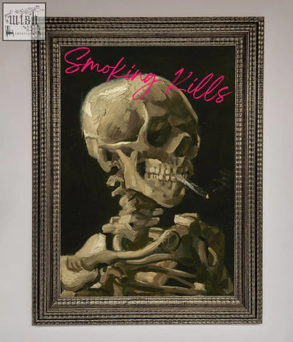 A smoking kills framed wall art with a skeleton smoking in earthy tones and pink cursive text for edgy wall art