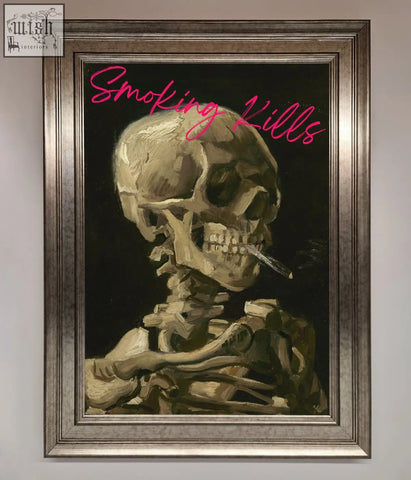 A smoking kills framed wall art featuring a beige skull with a cigarette and pink neon text on a dark background