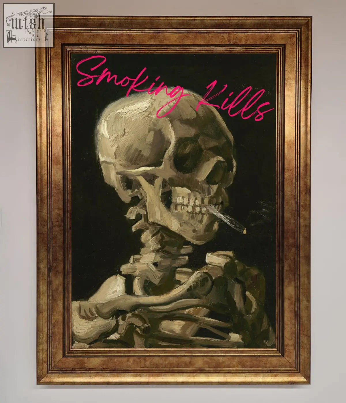 Smoking kills framed wall art of a skeleton smoking in earthy tones with bold pink text perfect for edgy decor