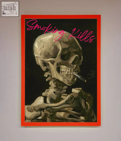 Smoking kills framed wall art features a painted human skull with a cigarette in a vibrant red frame on dark background