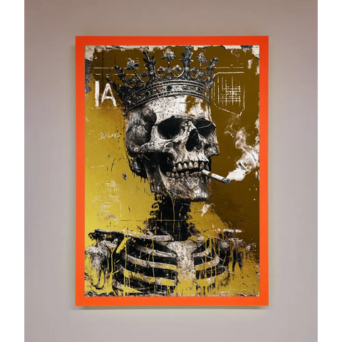 Smoking King Skull Foil Print - A3 (29.7 x 42 cm) / Neon Orange - Framed Print