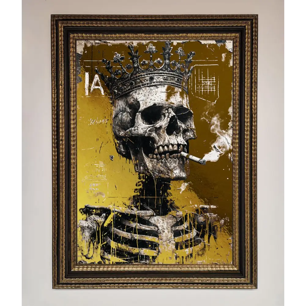 Smoking King Skull Foil Print - A3 (29.7 x 42 cm) / Ornate Gold Black - Framed Print