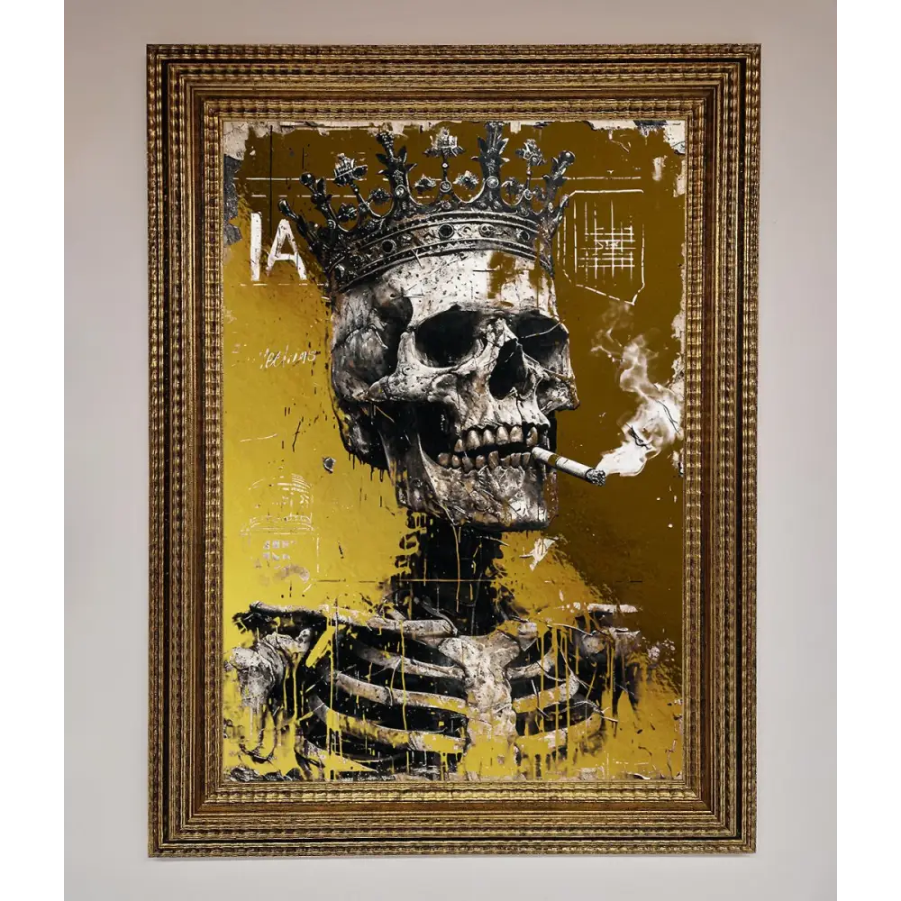 Smoking King Skull Foil Print - A3 (29.7 x 42 cm) / Ornate Gold - Framed Print