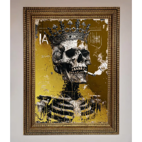Smoking King Skull Foil Print - A3 (29.7 x 42 cm) / Ornate Gold - Framed Print
