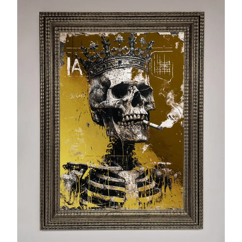 Smoking King Skull Foil Print - A3 (29.7 x 42 cm) / Ornate Silver - Framed Print