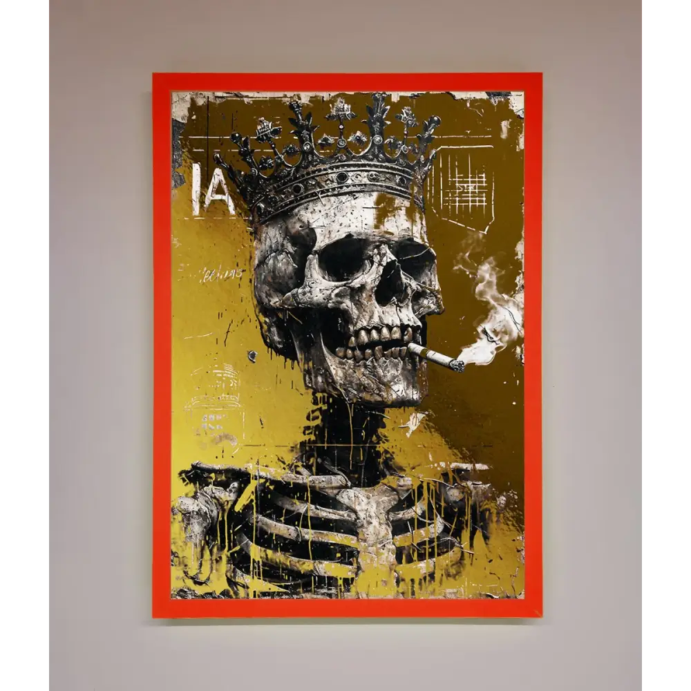 Smoking King Skull Foil Print - B0 (100 x 141 cm) / Neon Red - Framed Print