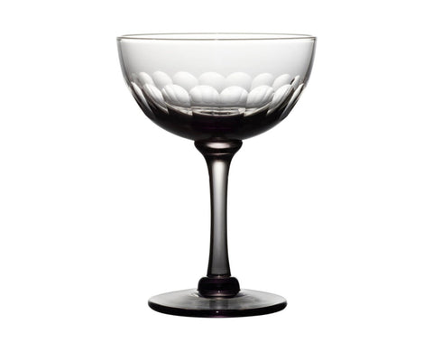 four smoky crystal champagne saucers with lens design