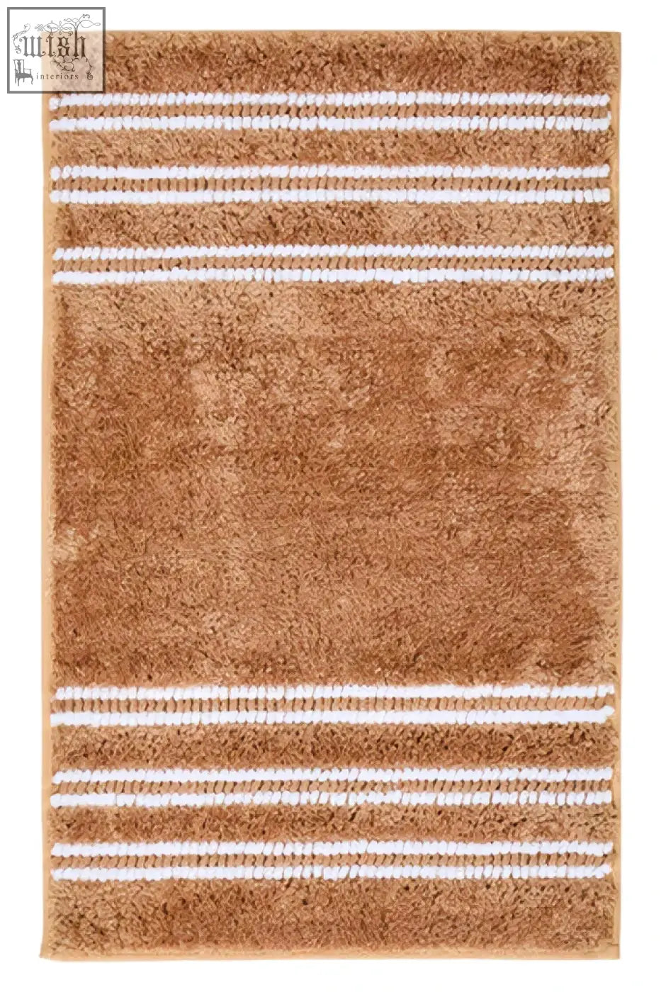 Tan soak large camel bath mat with white horizontal stripes perfect for a cozy bathroom setup