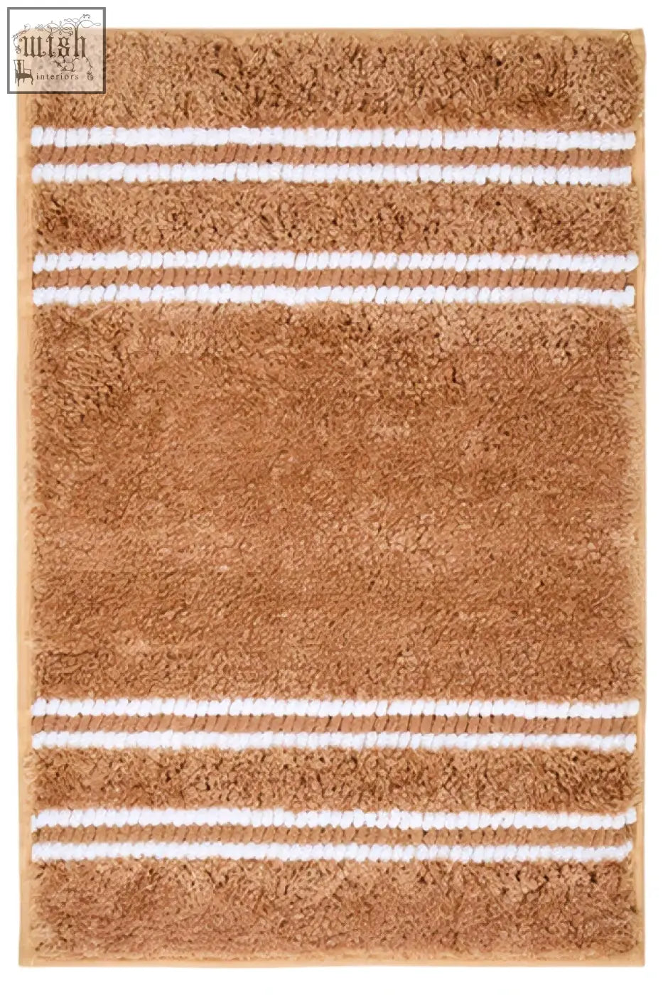 Tan small camel bath mat with three horizontal white stripes perfect for soaking and bathroom use