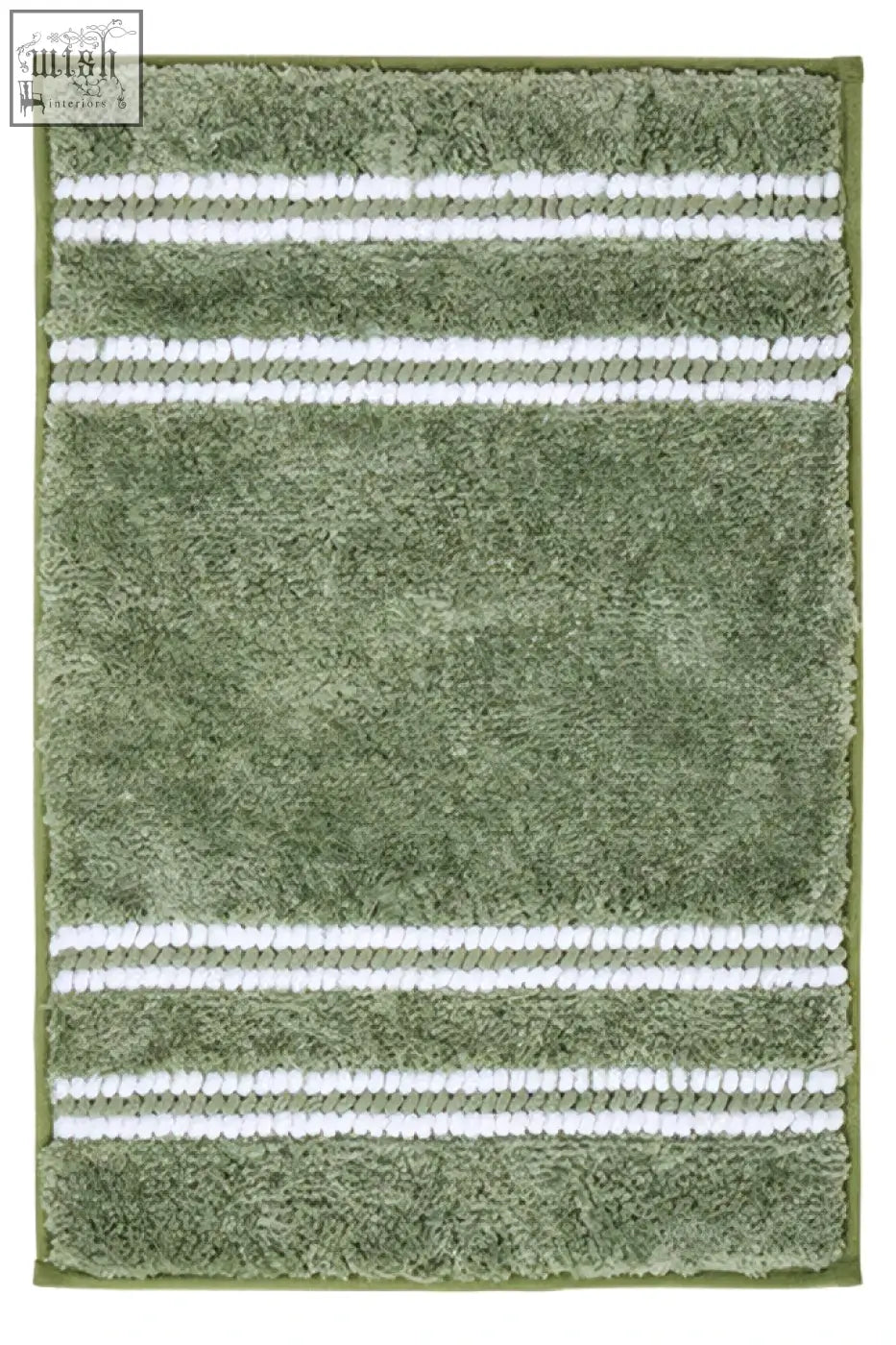 Sage green plush bath mat with three white woven stripes perfect for a cozy green bath mat setup