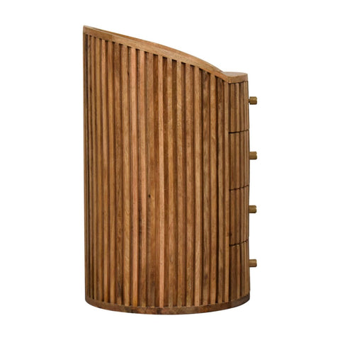 Curved oak bedside table made of solid mango wood with vertical slats and multiple drawers for storage