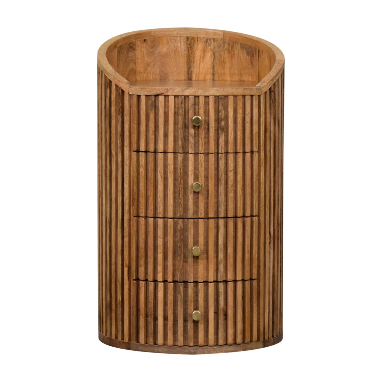 Curved oak bedside table with vertical slats and four drawers made from hand carved solid mango wood