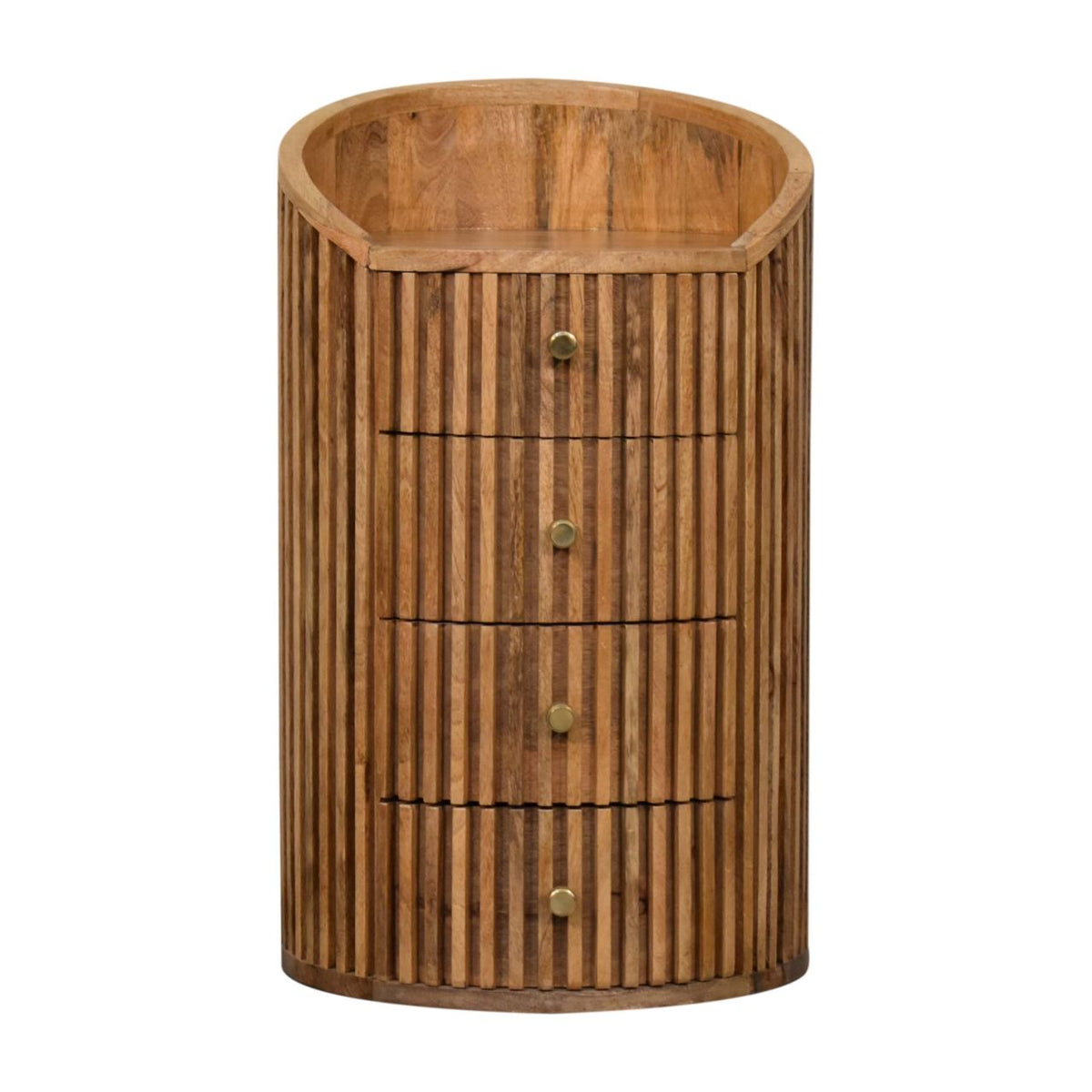 Curved oak bedside table with vertical slats and four drawers made from hand carved solid mango wood