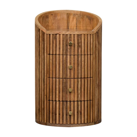 Curved oak bedside table with vertical slats and four drawers made from hand carved solid mango wood