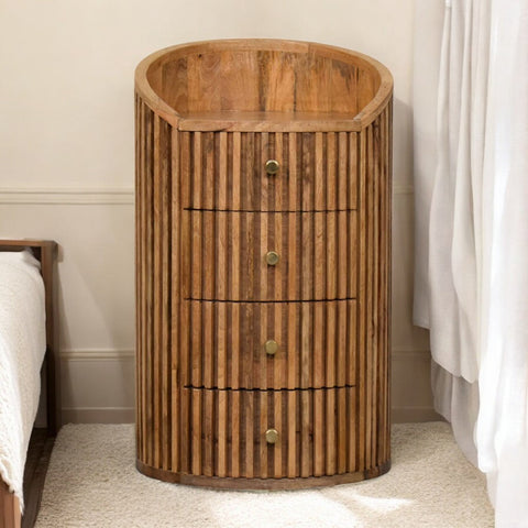 Curved oak bedside table with vertical slats and brass knobs made from solid mango wood hand carved design