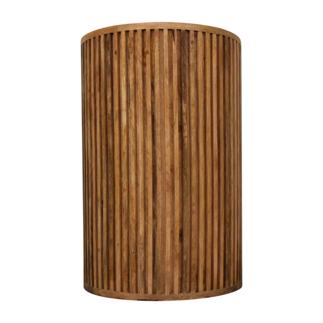 A cylindrical bedside table with vertical slats made from natural-toned solid mango wood reclaimed oak
