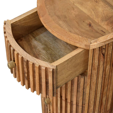 Rustic solid mango wood bedside table with curved drawer brass knobs and vertical slat design in oak finish