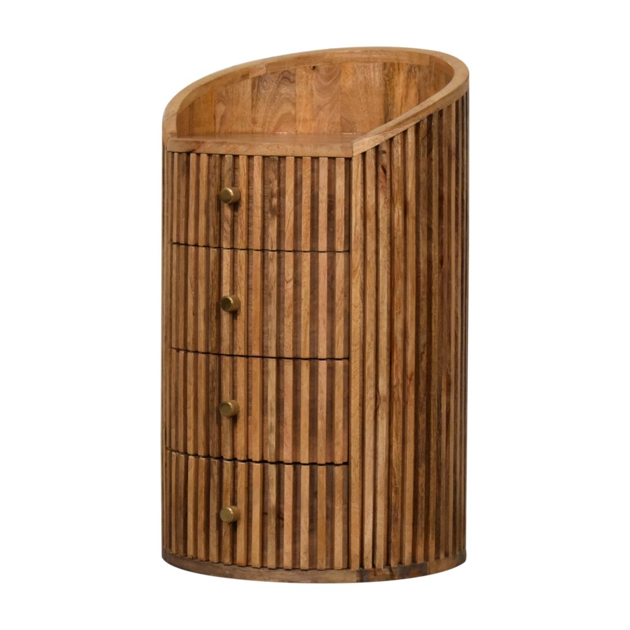 A rustic oak solid mango wood soba bedside table with vertical slats and four drawers with brass knobs