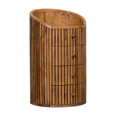 Rustic soba bedside table with four drawers and brass knobs made of solid mango wood and oak hand carved