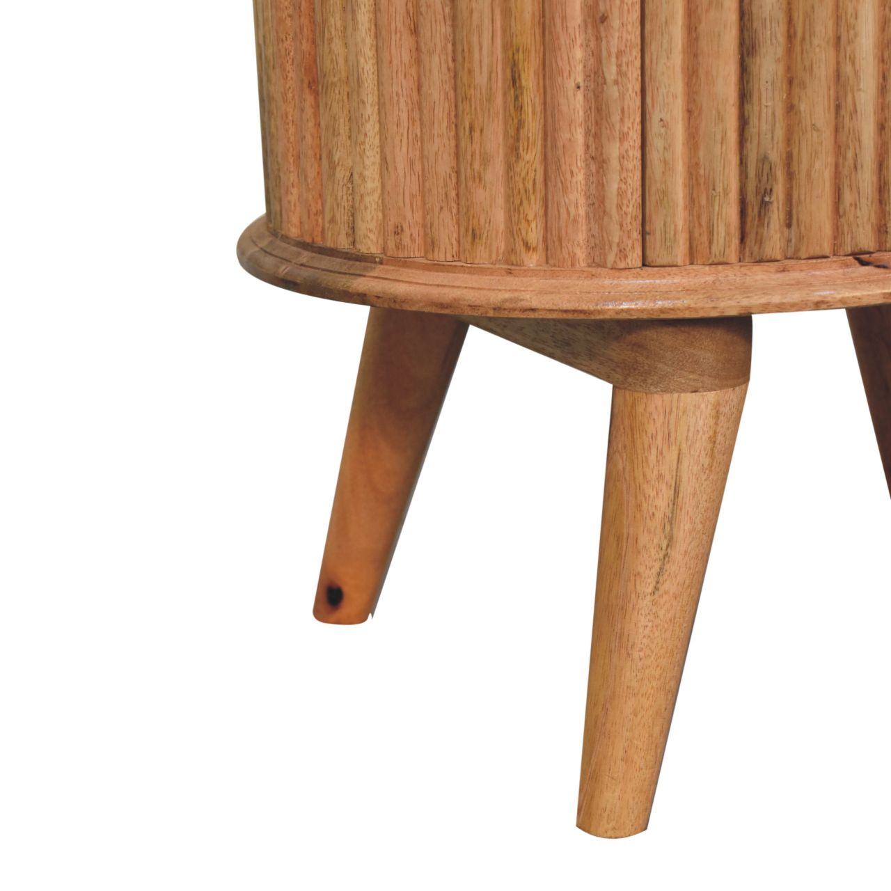 Light brown mango wood soba nordic bedside table with vertical slats and tapered legs is perfect for any bedroom