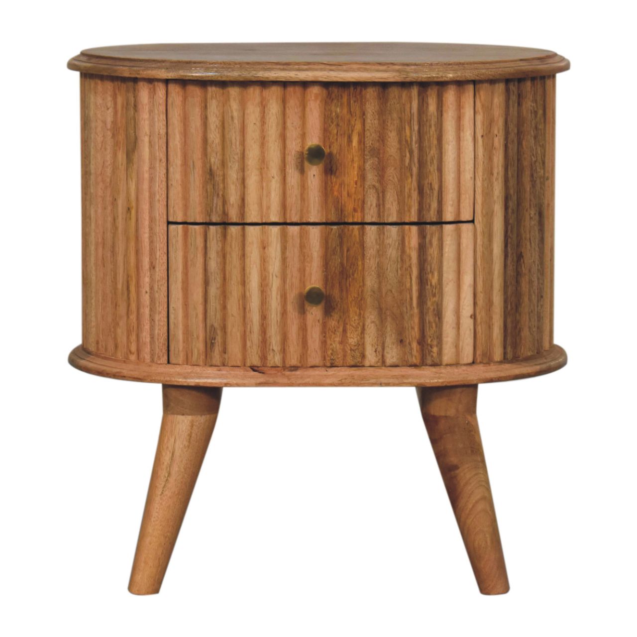 A rustic oval-shaped mango wood nightstand with two drawers and ribbed grain pattern for bedside storage