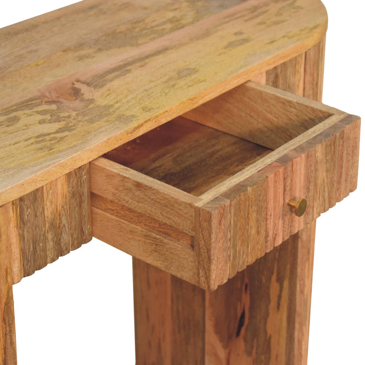 Rustic wooden soba straight console table with a single drawer, brass knob, and scalloped edges in warm brown finish