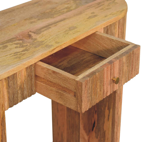 Rustic wooden soba straight console table with a single drawer, brass knob, and scalloped edges in warm brown finish