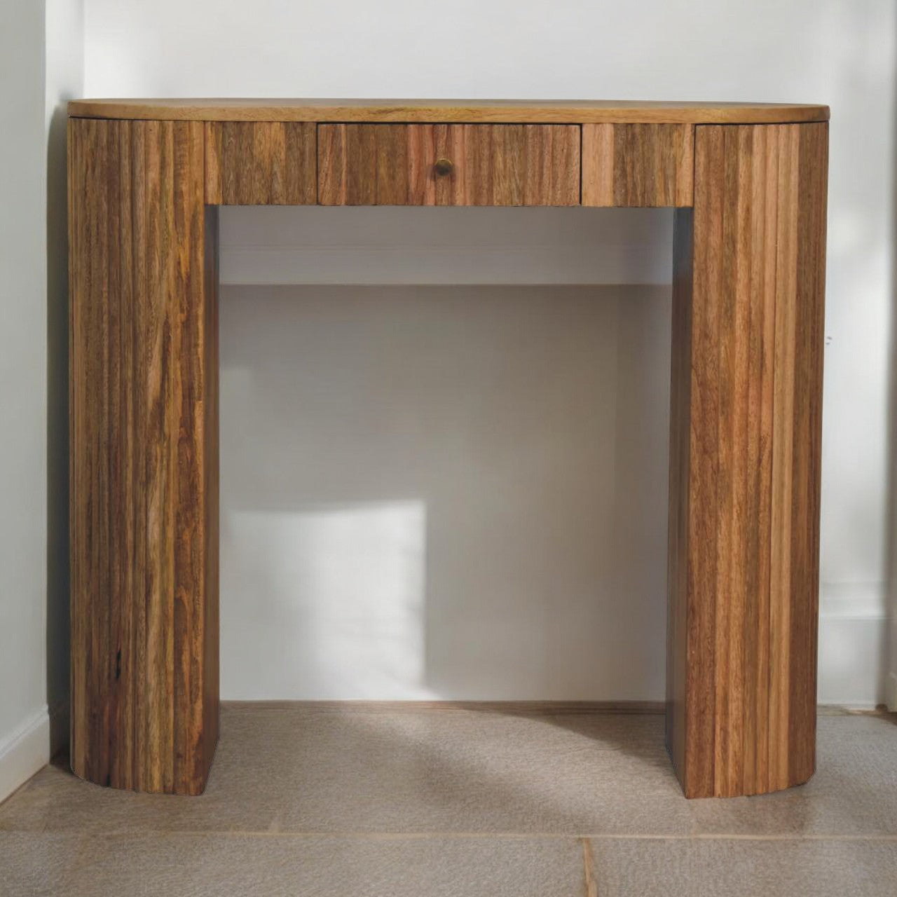 Soba straight console table rustic wooden with vertical grain panels and a single central drawer in natural finish