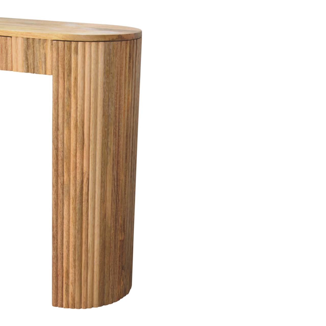 A sleek light brown wooden soba straight console table with a curved top and vertical fluted legs