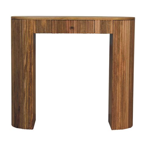 Soba straight console table with warm brown wood finish and sleek vertical grooves on its legs