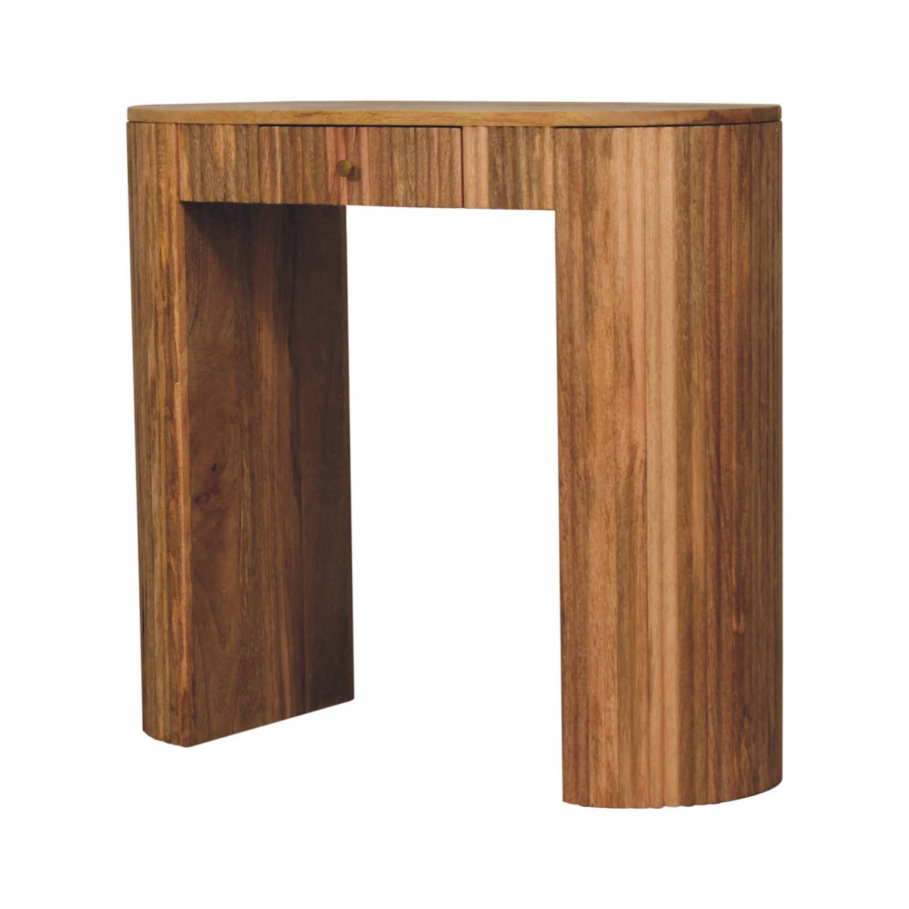 A sleek modern wooden soba straight console table with a curved top and vertical slat design