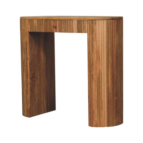 A sleek modern wooden soba straight console table with a curved top and vertical slat design