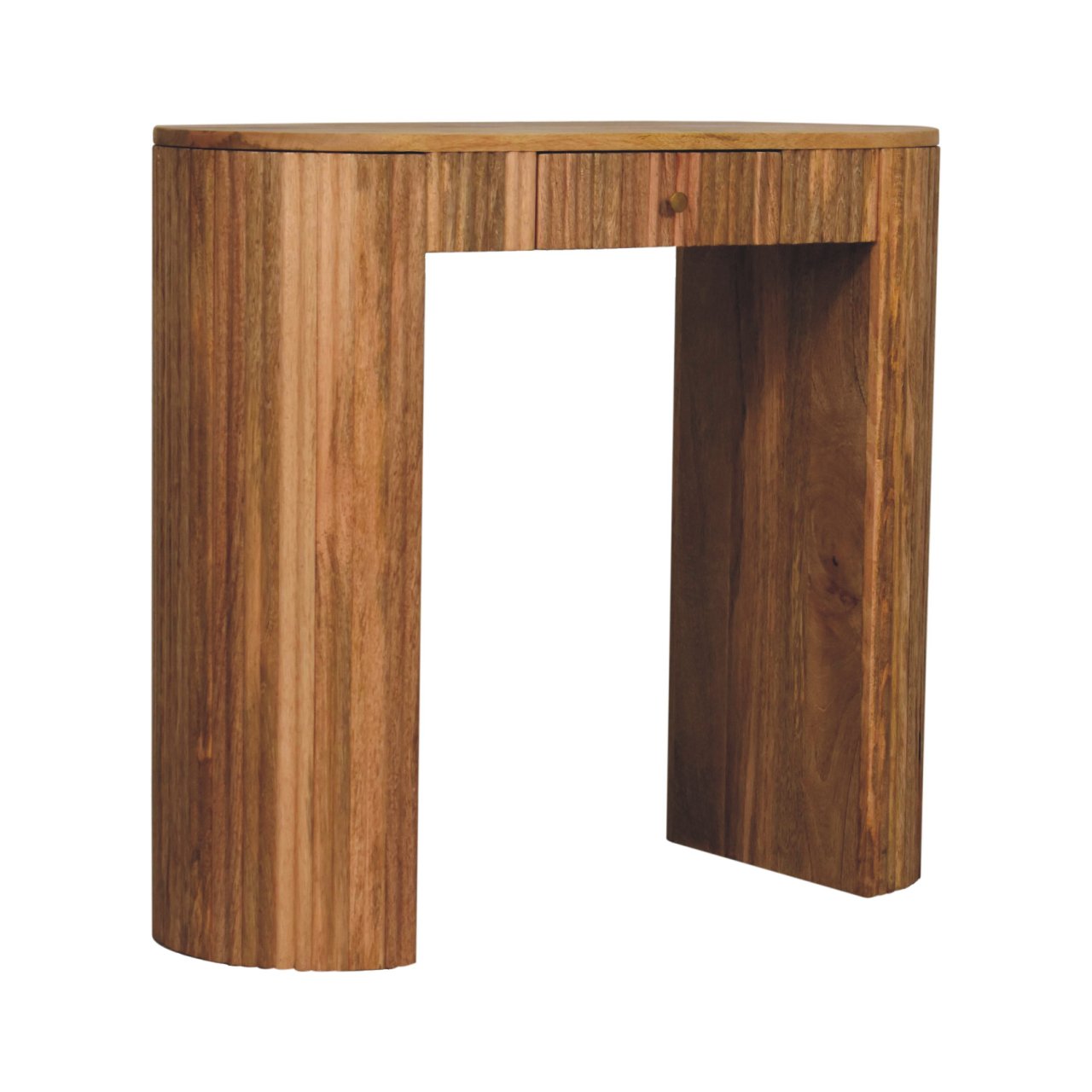 A sleek modern wooden soba straight console table with a curved top and vertical grooves on its sides