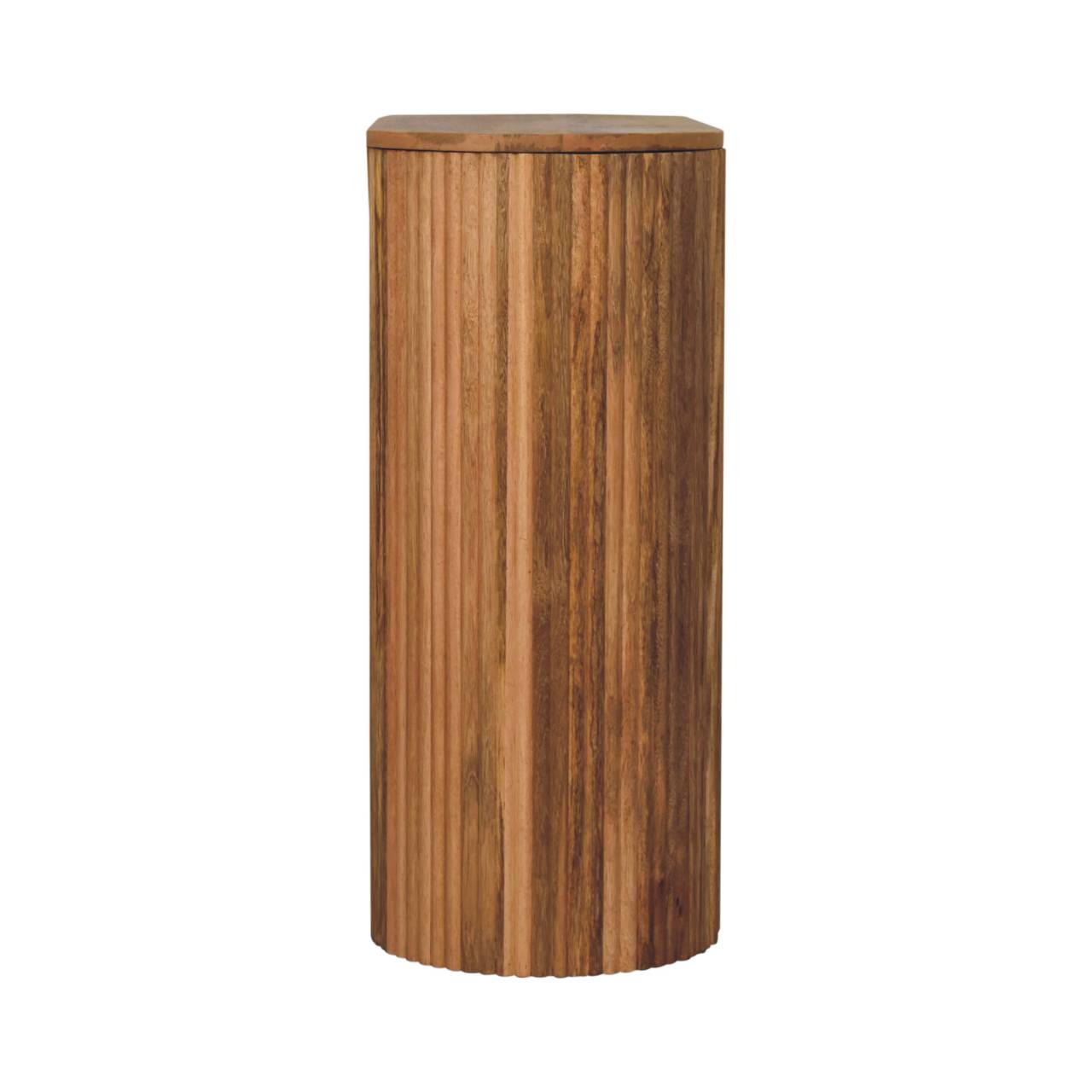 Soba straight console table featuring a tall cylindrical wooden storage unit with vertical grooves and matching lid