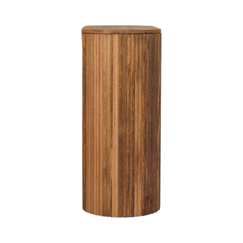 Soba straight console table featuring a tall cylindrical wooden storage unit with vertical grooves and matching lid