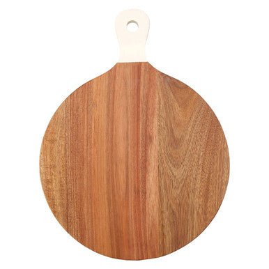Socorro chopping and serving board with cream handle made of light brown wood with visible grain and white plastic handle