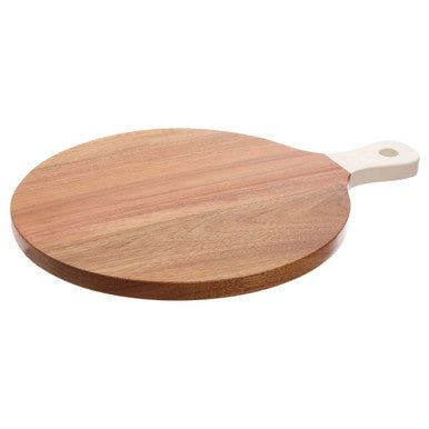 Round wooden socorro chopping and serving board with a cream handle perfect for kitchen use