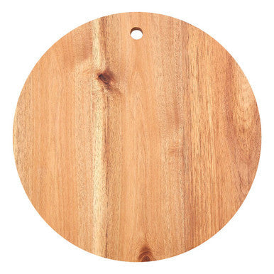 Round acacia chopping and serving board with natural light brown finish blue edge and hanging hole