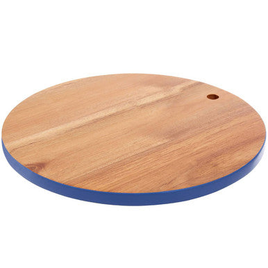 Round acacia chopping and serving board with blue painted edge and small hole for hanging or display