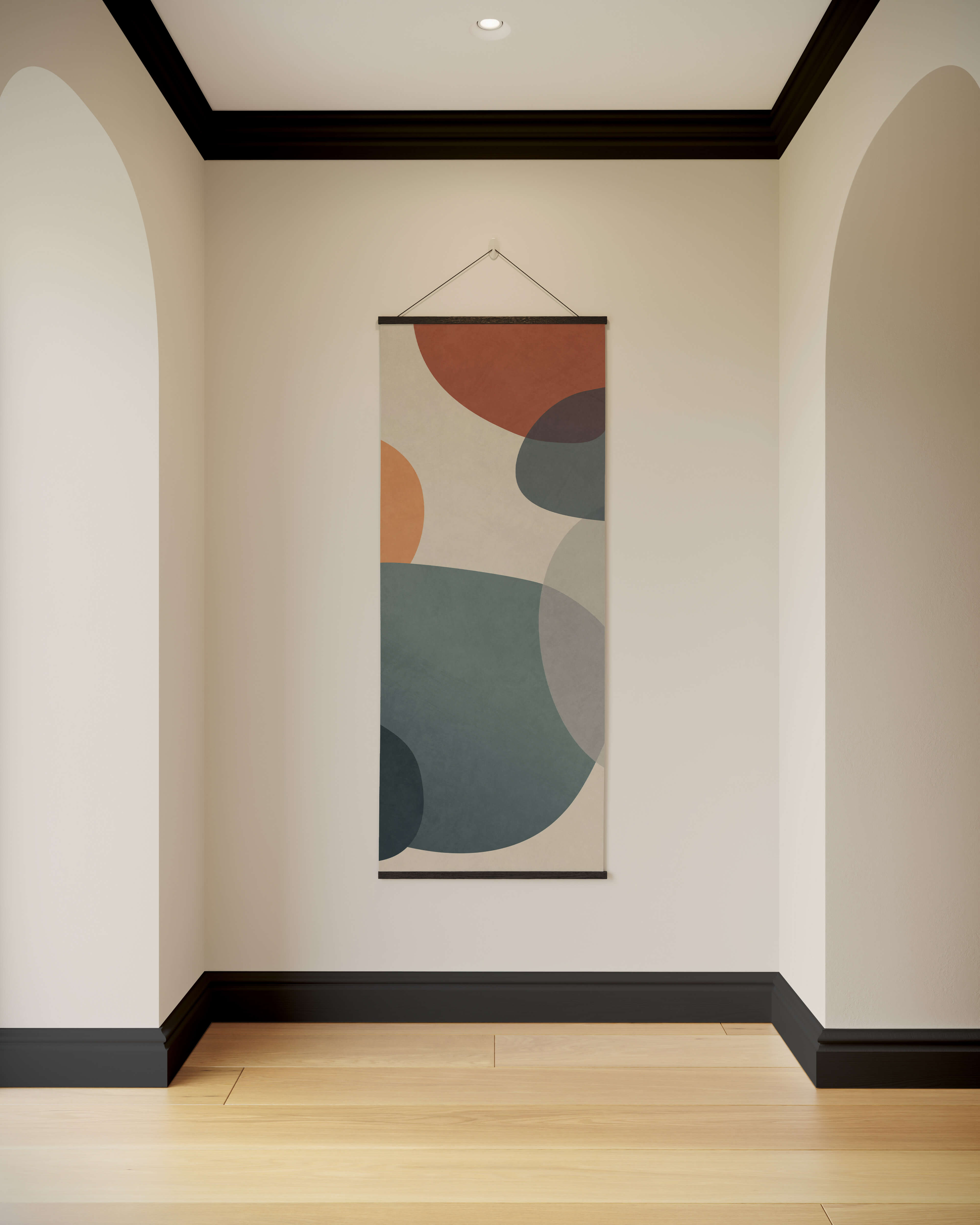 Soft abstract shapes tapestry with overlapping terracotta, slate gray, and olive green circles on off-white canvas