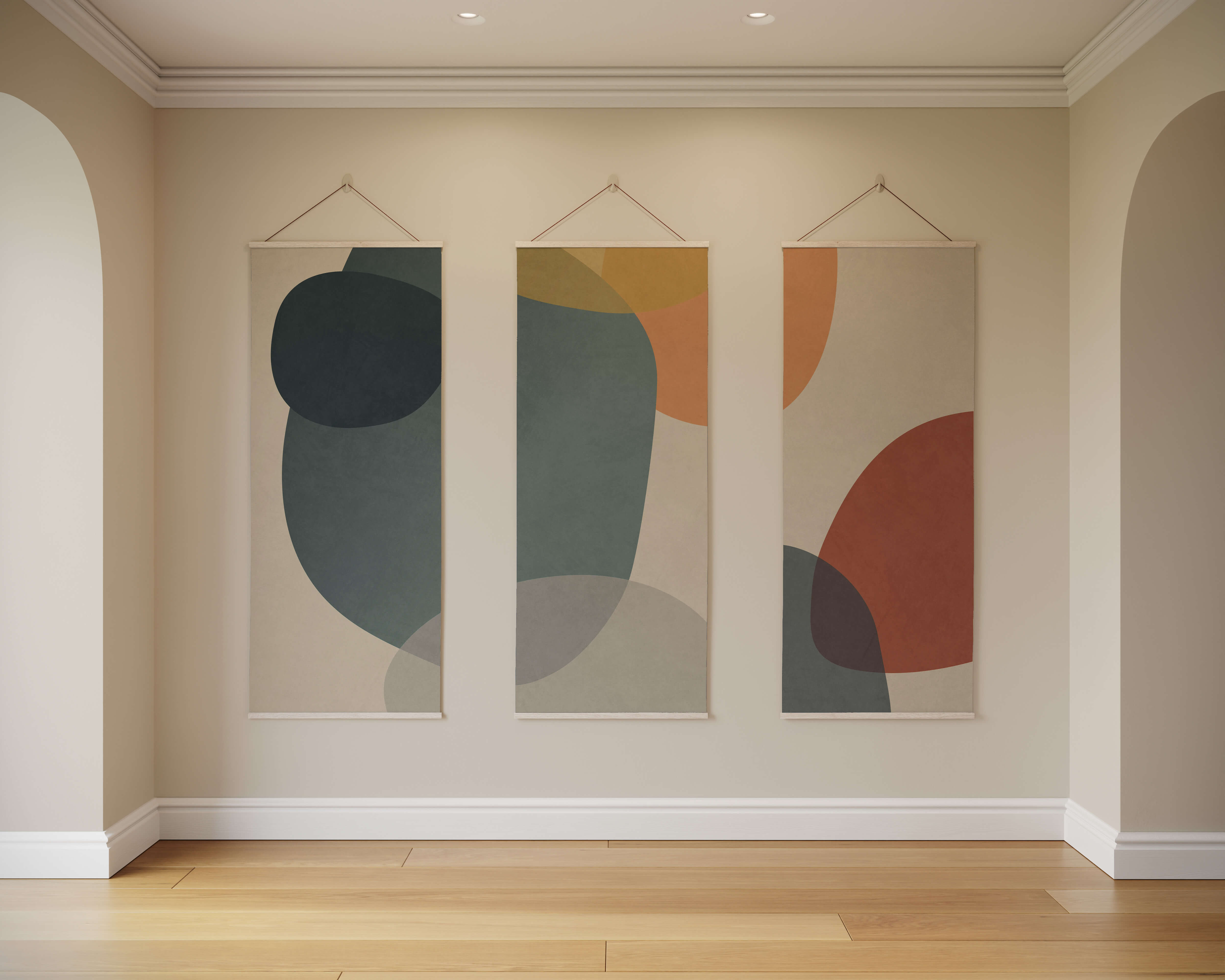 Three vertical abstract shapes tapestry panels with soft abstract shapes in muted gray teal ochre and terracotta tones on beige
