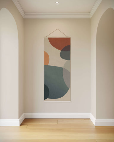 A modern abstract shapes tapestry with soft abstract circles in terracotta slate gray and olive green on beige canvas