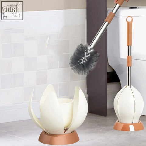 Cream-colored lotus-shaped bristle toilet brush holder with sturdy silicone bristle toilet brush and matching waterproof base