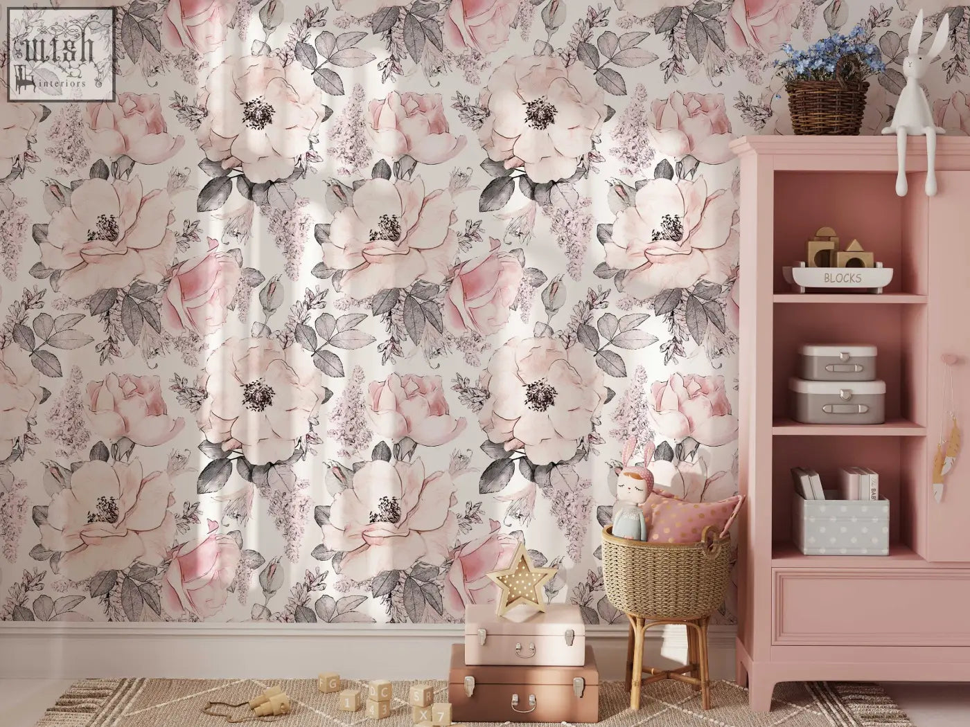 Soft pink abstract roses peel and stick wallpaper with watercolor floral design and gray leaves for living space decor