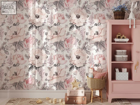 Soft pink abstract roses peel and stick wallpaper with watercolor floral design and gray leaves for living space decor