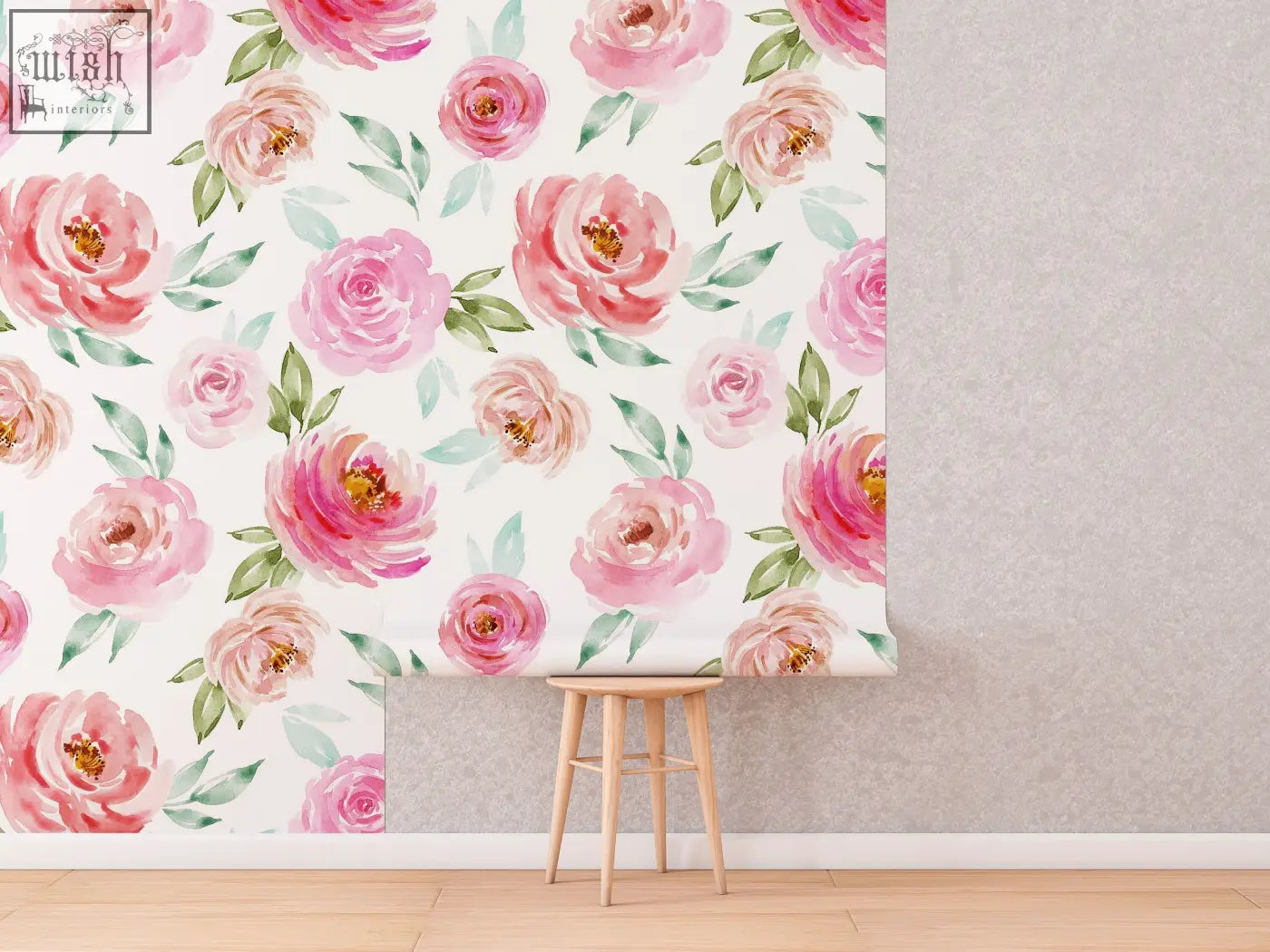 Soft pink roses watercolor peel and stick wallpaper rolled up on wooden stool perfect for living space contact clickwalls