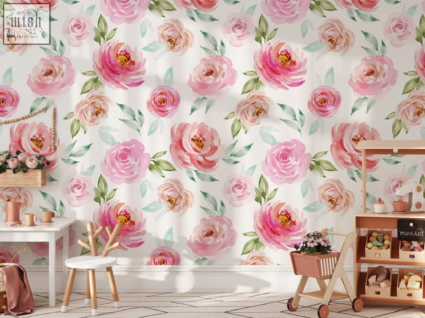 Soft pink roses wallpaper with green leaves on white background traditional paper for living space by contact clickwalls