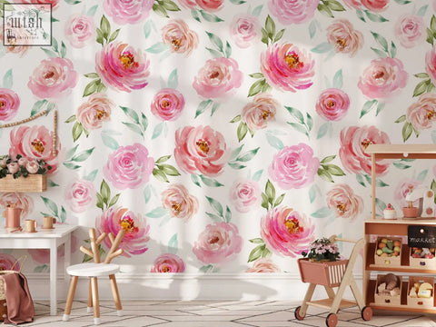 Soft pink roses wallpaper with green leaves on white background traditional paper for living space by contact clickwalls